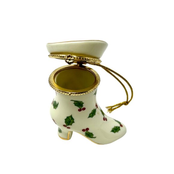 Porcelain Victorian Shoe Christmas Ornament & Trinket Box with Holly & Berries - Picture 4 of 8